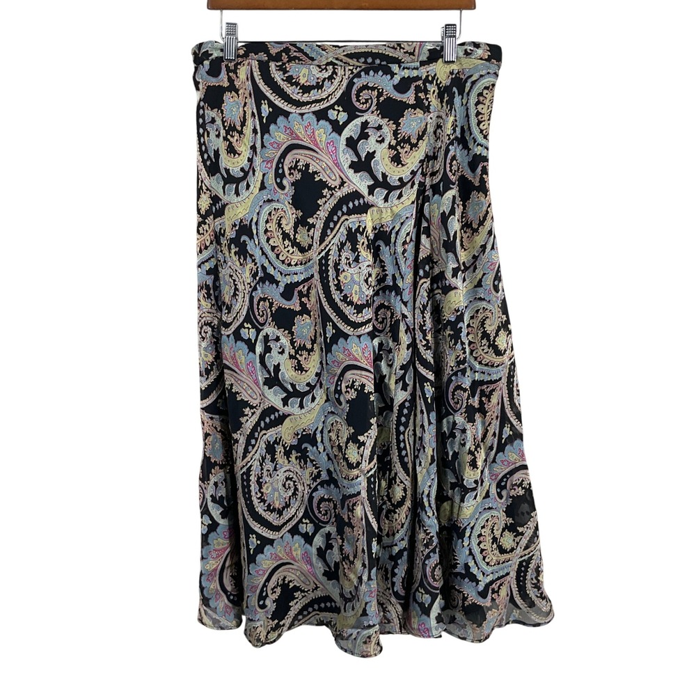 Coldwater Creek Skirt Women L Black Paisley Boho Midi Flowy Romantic Cottagecore